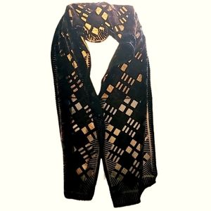 Striped Geometric Squares Silk Blend Scarf Black & Copper Brown Sheer Blocks